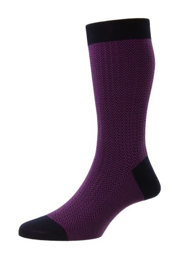 Fabian Herringbone Cotton Lisle Men's Socks - Navy/Dark Purple - Small