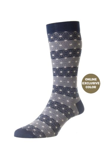 Asanoha Japanese Geometric Stripe Cotton Lisle Men's Socks  - Ocean - Medium