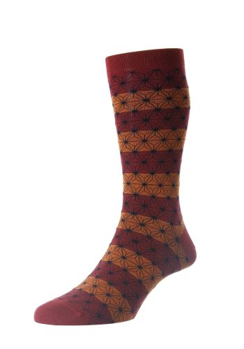 Asanoha Japanese Geometric Stripe Cotton Lisle Men's Socks  - Wine - Medium