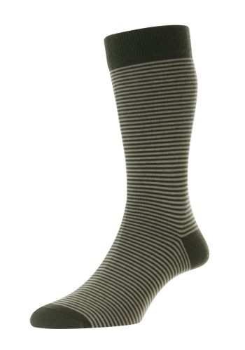 Holst Stripe Comfort Top Egyptian Cotton Men's Socks - Dark Olive - Small
