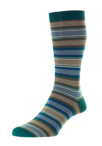 Stanage - Multi Stripe Sea Green Fil d&#039;Ecosse Men&#039;s Socks -  Small