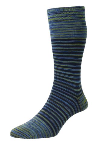 Aurelia Space Dye Stripe Organic Cotton Men's Socks - Lime Multi/Blue - Large