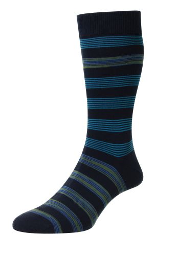 Rubra Block Stripe with Space Dye Organic Cotton Men's Socks - Dark Petrol/Blue - Small