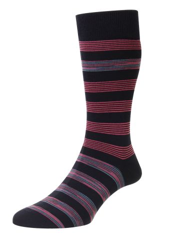 Rubra Block Stripe with Space Dye Organic Cotton Men's Socks - Navy/Pink - Medium