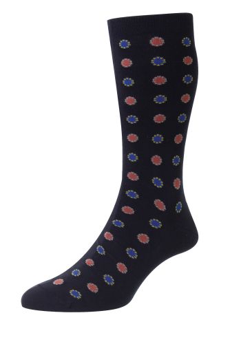 Bryn Circle Motif Sea Island Cotton Men's Socks - Navy/Blue/Red - Medium