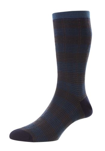 Highgrove - Jacquard Check Dark Teal Merino Royale Wool Men&#039;s Socks - Large