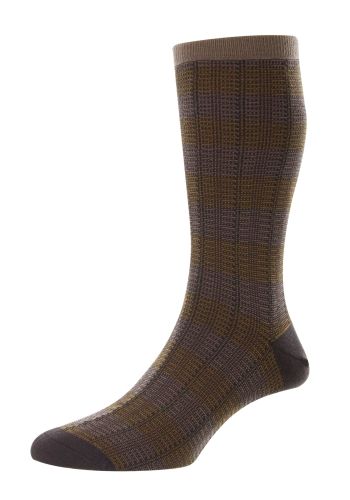 Highgrove - Jacquard Check Brown Taupe Merino Royale Wool Men&#039;s Socks - Small