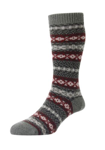 Bradstock Traditional Fair Isle Cashmere Men's Socks - Light Olive/Red/Black - Medium