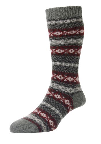 Bradstock Traditional Fair Isle Cashmere Men's Socks - Light Olive/Red/Black - Small