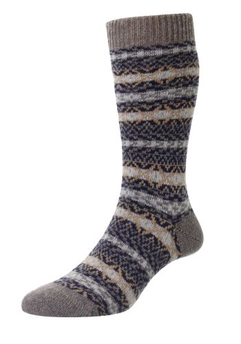 Bradstock Traditional Fair Isle Cashmere Men's Socks - Mink Melange/Dark blue - Small