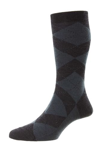 Abdale Argyle Merino Wool Men's Socks - Charcoal/Petrol - Small