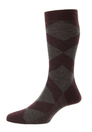 Abdale Argyle Merino Wool Men's Socks - Maroon/Mid Grey - Large