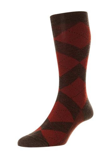 Abdale Argyle Merino Wool Men's Socks - Dark Brown Mix/Red - Medium
