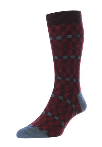 Wetton Maroon Abstract Check Merino Wool Men&#039;s Socks Small