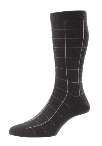Westleigh - Charcoal Large Scale Windowpane Merino Wool Men's Socks - Medium     