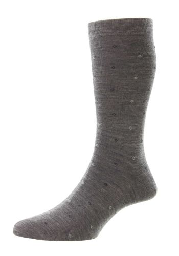 Durban - Neat Motif Diamonds Mid Grey Mix Merino Wool Men's Socks - Large