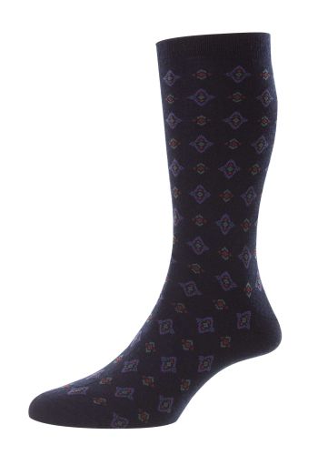 Hanley - Tile Motif - Navy - Merino Wool Men's Socks - Large 