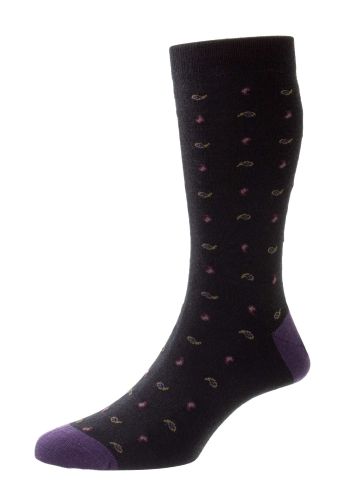 Parbury - All over Paisley With Contrast Heel & Toe - Black - Merino Wool Men's Socks - Medium