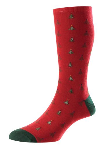 Nicholas - All Over Christmas Trees Indies Red Merino Wool Men's Socks - Medium