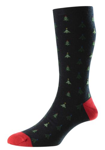 Nicholas - All Over Christmas Trees Navy Merino Wool Men's Socks - Medium