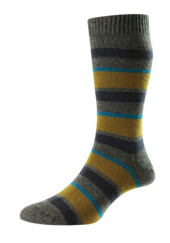 Butler - Multi Block Stripe Dark Grey Mix/Navy/Bracken/Petrol Blue Merino Wool Men's Socks - Large