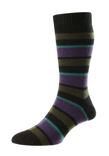 Butler - Multi Block Stripe Black/Dark Olive/Purple/Jade Merino Wool Men's Socks - Medium