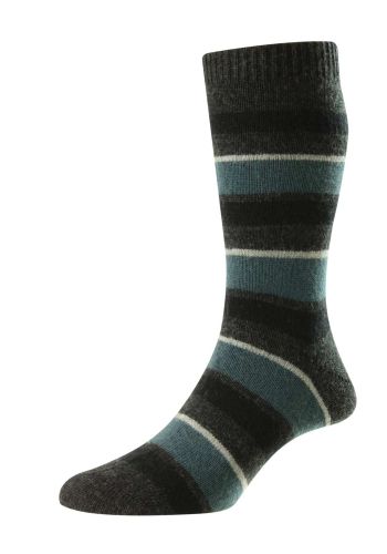 Butler - Multi Block Stripe Charcoal/Black/Teal/Silver Merino Wool Men's Socks - Medium