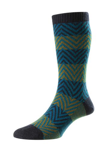 Hartwell - Herringbone Stripe - Navy/Petrol Blue/Bracken - Merino Wool Men's Socks - Medium