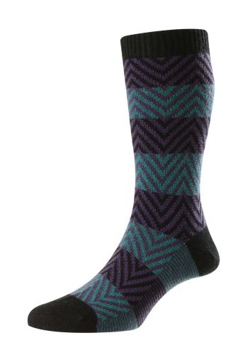 Hartwell - Herringbone Stripe - Black/Purple/Jade - Merino Wool Men's Socks - Large