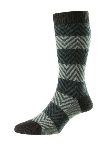 Hartwell - Herringbone Stripe - Charcoal/Teal/Silver - Merino Wool Men's Socks - Large