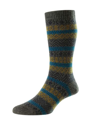 Foxhill - Fairisle Stripe Dark Grey Mix/Petrol Blue/Bracken/Navy Merino Wool Men's Socks - Medium