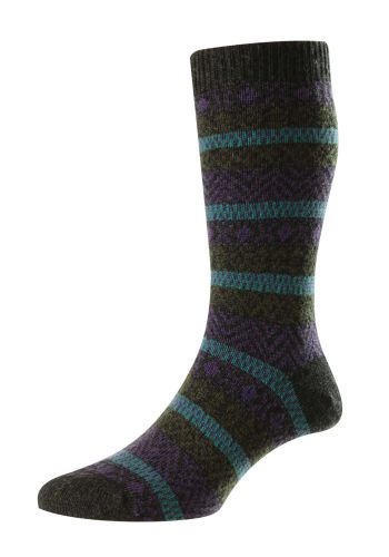Foxhill - Fairisle Stripe Charcoal/Jade/Purple/Dark Olive Merino Wool Men's Socks - Medium