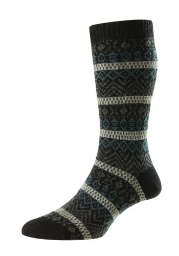  Foxhill - Fairisle Stripe Black/Silver/Teal/Dark Grey Merino Wool Men's Socks - Medium