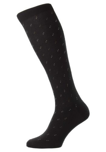 Addison Dot Motif Spiral Cotton Lisle Long Men's Socks  - Black - Medium