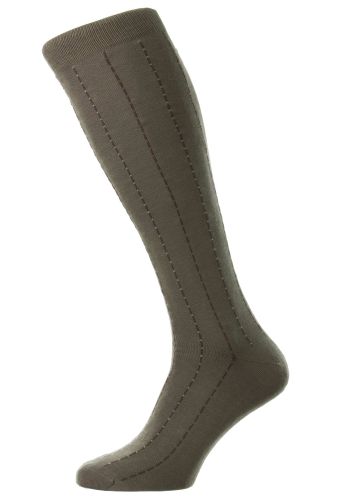 Pelham - Light Olive Pinstripe - Fil d'Ecosse / Cotton Lisle Long Men's Socks (Over the Calf) - Medium        