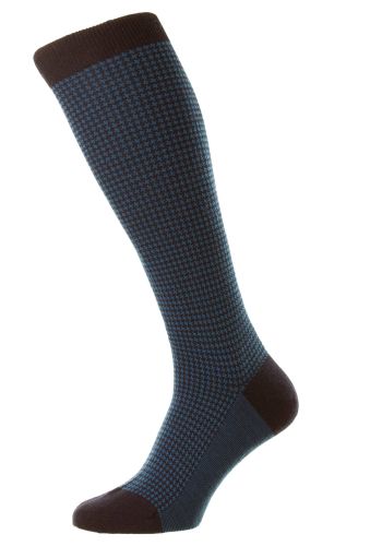 Highbury (Long) - Houndstooth Navy Merino Wool Long Men';s Socks (Over the Calf)- Medium