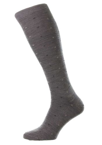 Durban - Neat Motif Diamonds Mid Grey Mix Merino Wool Long Men's Socks (Over the Calf) - Medium
