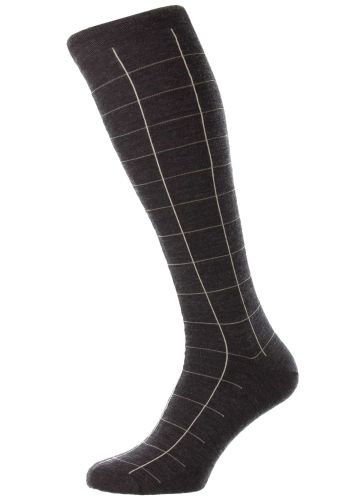 Westleigh - Charcoal Large Scale Windowpane Merino Wool Long Men's Socks (Over the Calf) - Medium