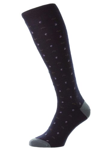 Parbury - All over Paisley With Contrast Heel & Toe - Navy - Merino Wool Men's Socks  (Over the Calf) - Medium
