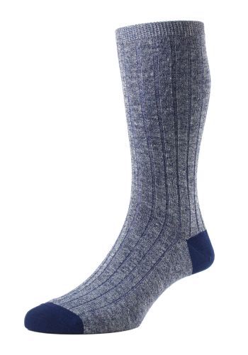 Hamada Contrast Heel and Toe Cotton Linen Blend Men's Socks - Indigo Blend - Small