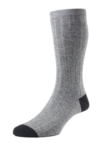 Hamada Contrast Heel and Toe Cotton Linen Blend Men's Socks - Pewter Blend - Small