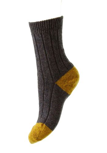 Dahlia - Rib With Contrast Heel Dark Purple Shetland Wool Women's Sock