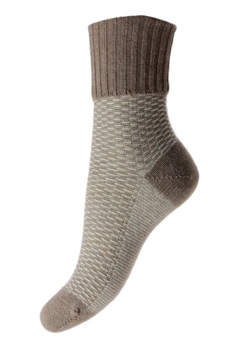Tammy - 2 Colour Texture with Turn-Over-Top in Mink Melange Cashmere Women&#039;s Luxury Socks - UK 4-7