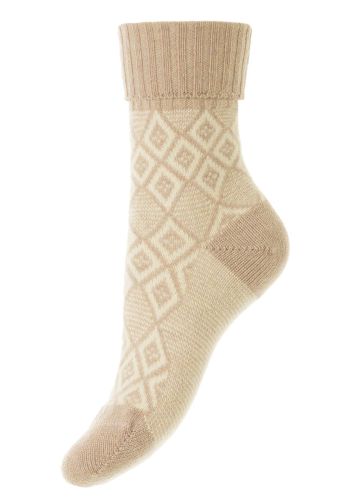 Mya - Flat Knit Jacquard Lounge Sock With Turn-Over-Top in Natural Cashmere Women&#039;s Luxury Socks – UK 4-7