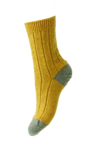 Dahlia - Rib With Contrast Heel Mustard Marl Shetland Wool Women&#039;s Sock