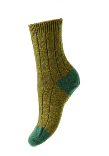 Dahlia - Rib With Contrast Heel Green Aqua Shetland Wool Women&#039;s Sock