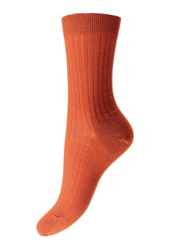 Rose Burnt Orange Ladies&#039; 5x3 Rib Sock Merino Wool