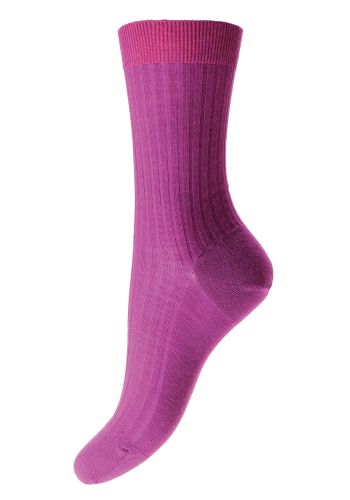 Rose Magenta Ladies&#039; 5x3 Rib Sock Merino Wool