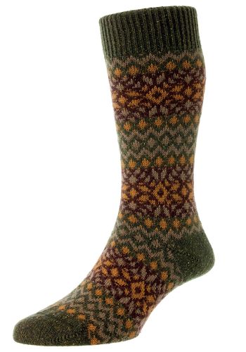 Fellcroft - Fairisle Dark Khaki Fleck Wool Men&#039;s Sock- Medium