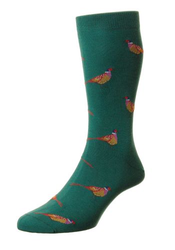 Firle - Pheasants Motif Conifer Organic Cotton Men&#039;s Sock - Medium 